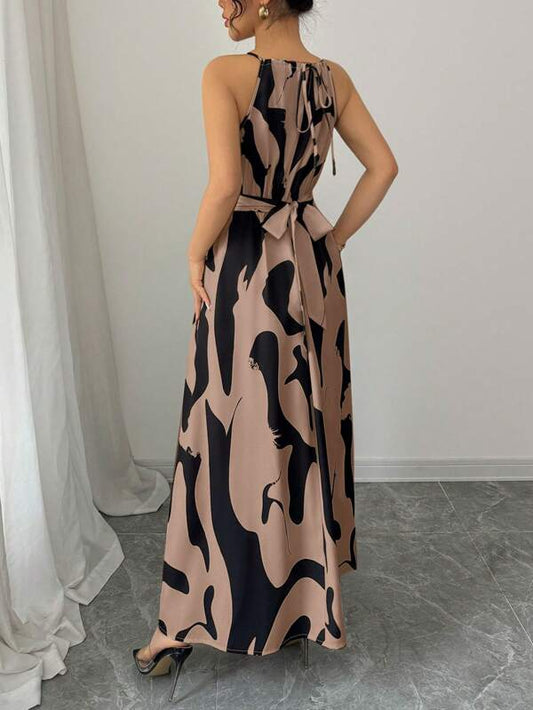 Women's Elegant Halter Neck Cold Shoulder Ruched Twist Design Colorblock Asymmetrical Floral Print A-Line Maxi Dress
