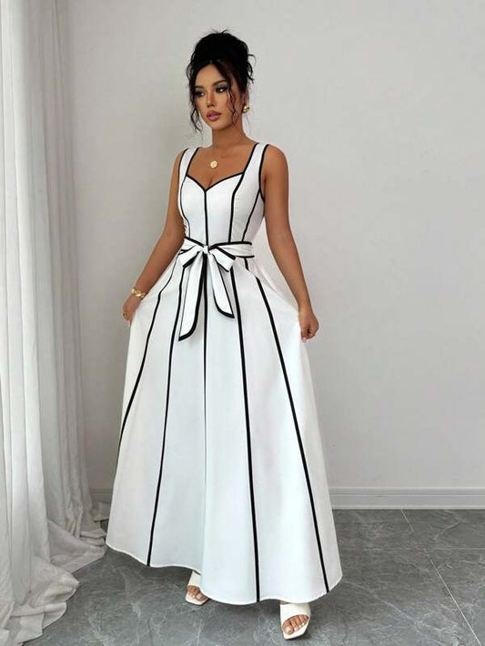 Black & White Contrast Trim Sleeveless Summer Elegant Dress