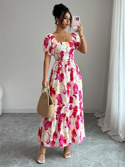 Floral Print Waist Defined Puff Sleeve Square Neck Dress