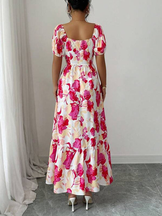 Floral Print Waist Defined Puff Sleeve Square Neck Dress