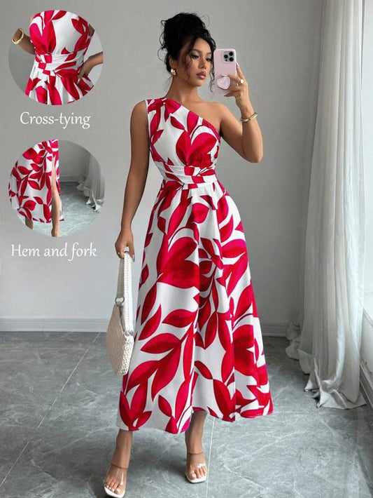 All-Over Print Slit Dress With Cinched Waist And One Shoulder