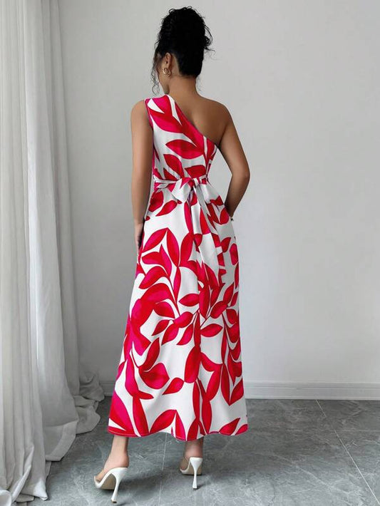 All-Over Print Slit Dress With Cinched Waist And One Shoulder