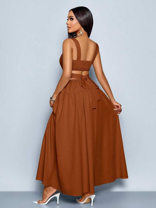 Square Neck Waist Cutout Tie Back Pleated Backless A-Line Dress