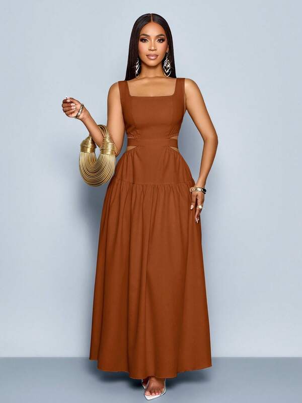 Square Neck Waist Cutout Tie Back Pleated Backless A-Line Dress
