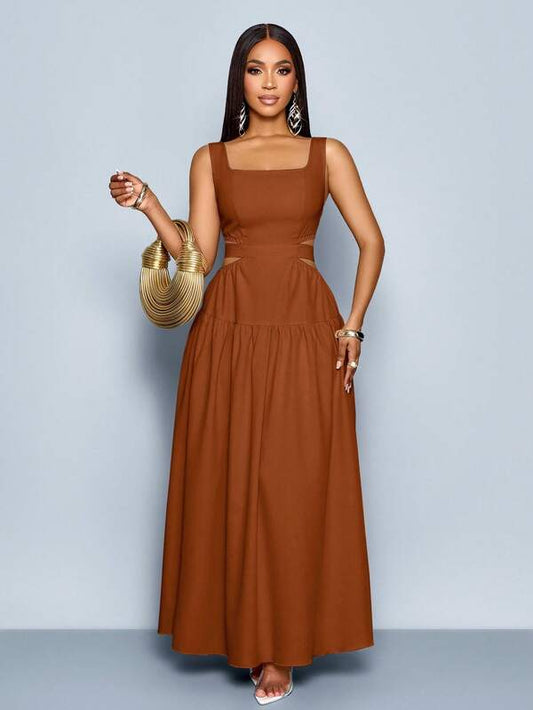 Square Neck Waist Cutout Tie Back Pleated Backless A-Line Dress