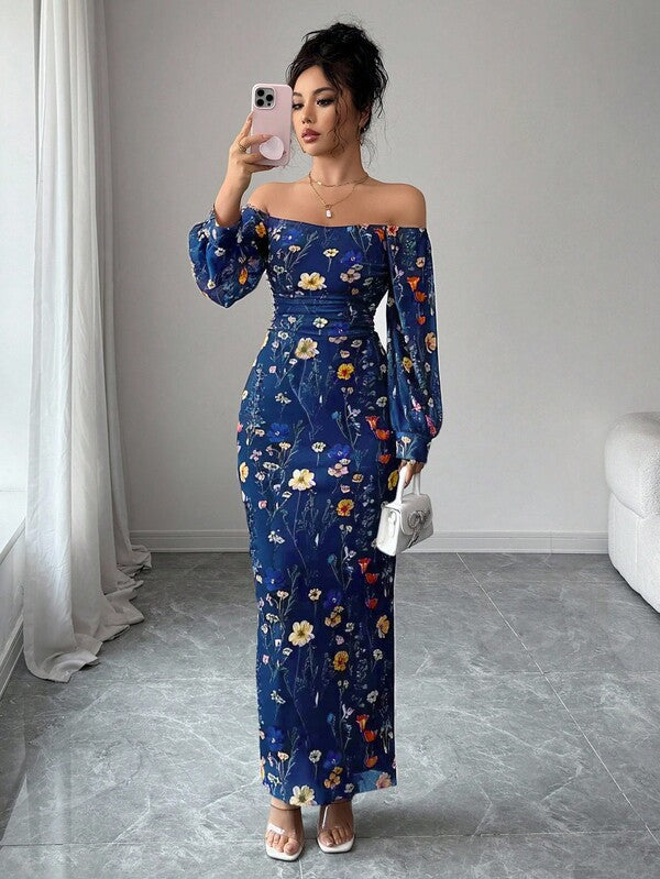 black long sleeve bodycon dress midi Bodycon High Slit Lantern Sleeve Dress – Glamexpresstt