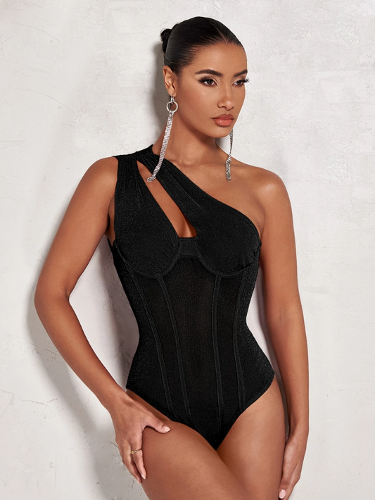 One Shoulder Cut Out Mesh Panel Bustier Bodysuit