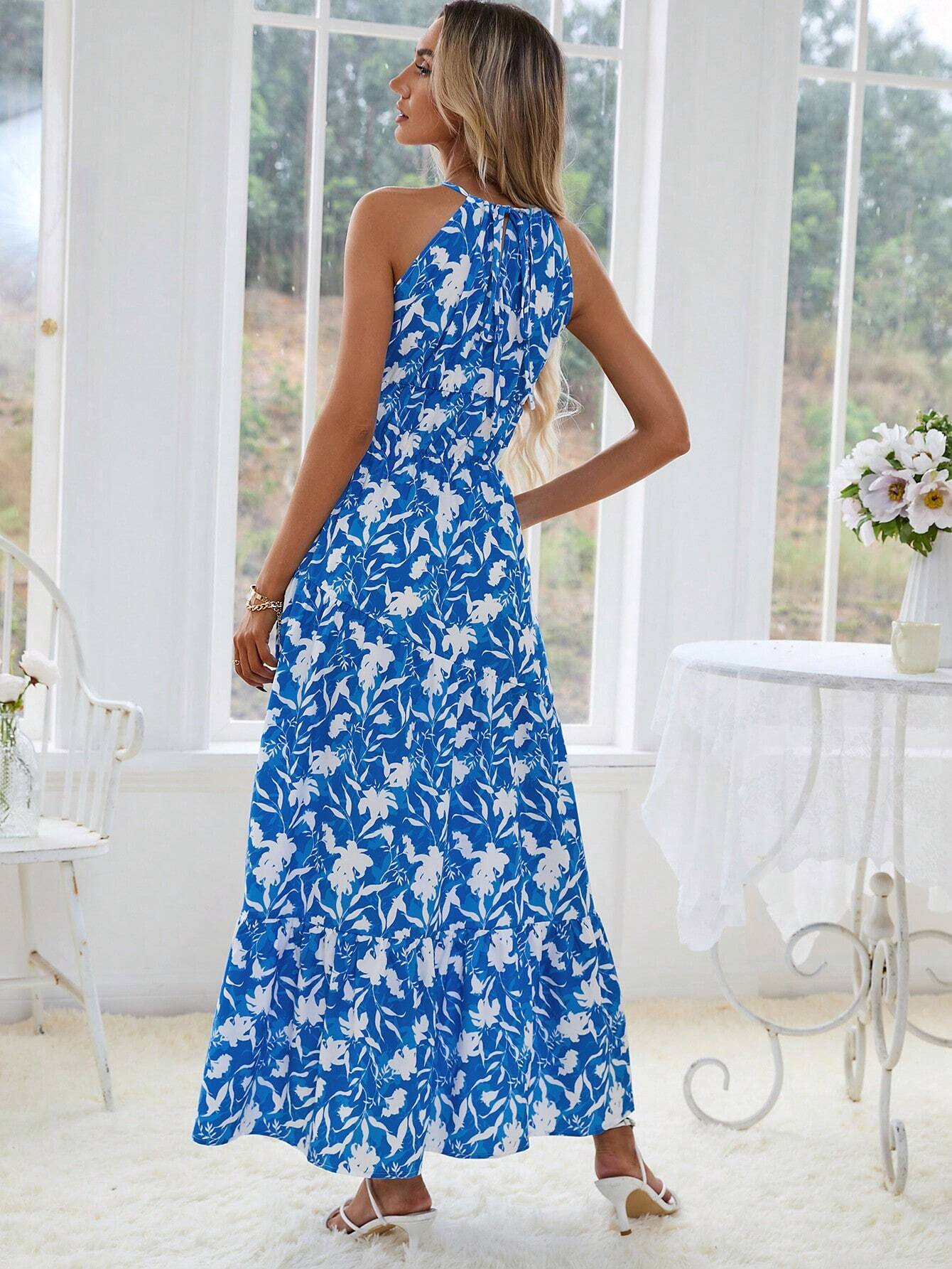 Floral Print Ruffle Hem Halter Dress