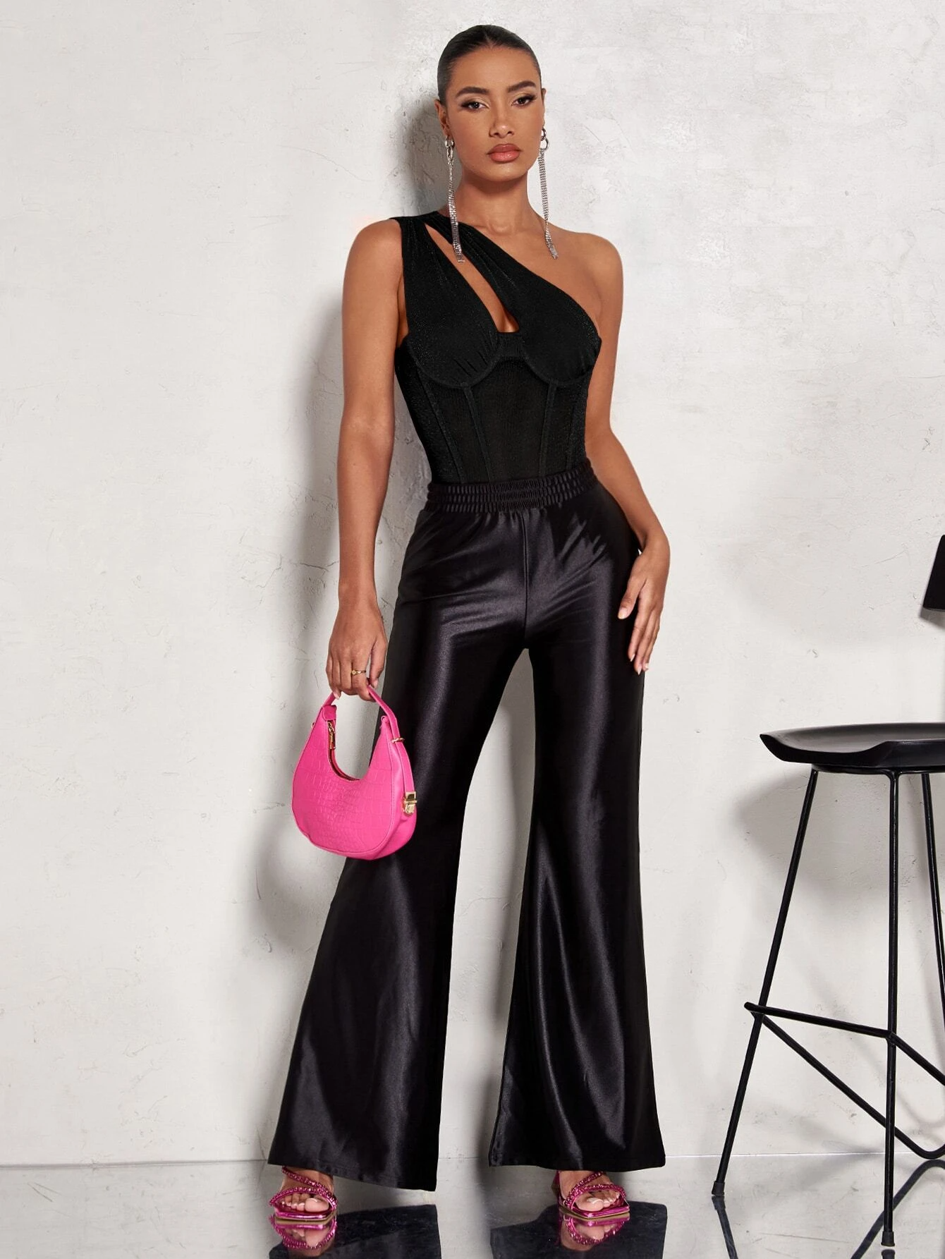 One Shoulder Cut Out Mesh Panel Bustier Bodysuit