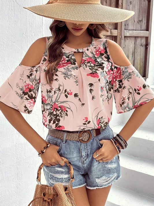 Floral Print Cold Shoulder Cut Out Front Blouse