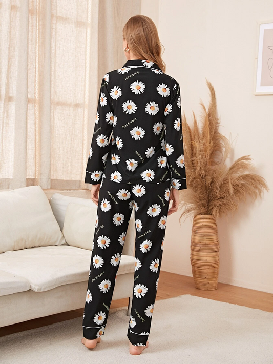 Sunflower Print Button Front PJ Set
