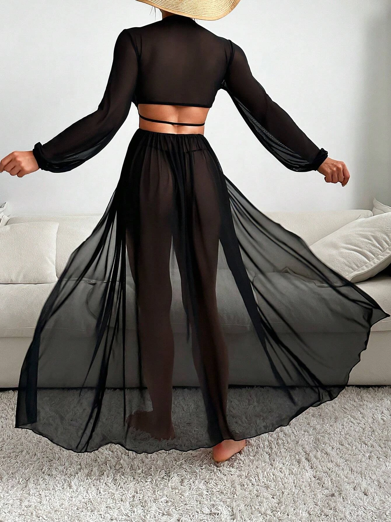 Cut Out Waist Mesh Cover Up Dress Without Bikini