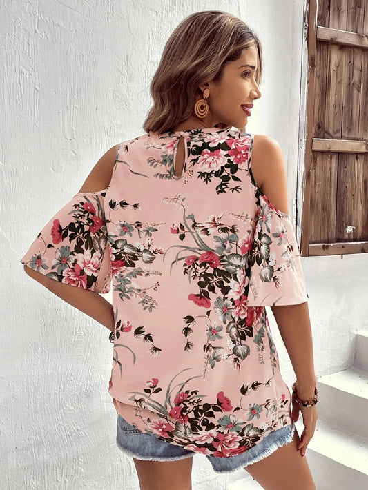 Floral Print Cold Shoulder Cut Out Front Blouse
