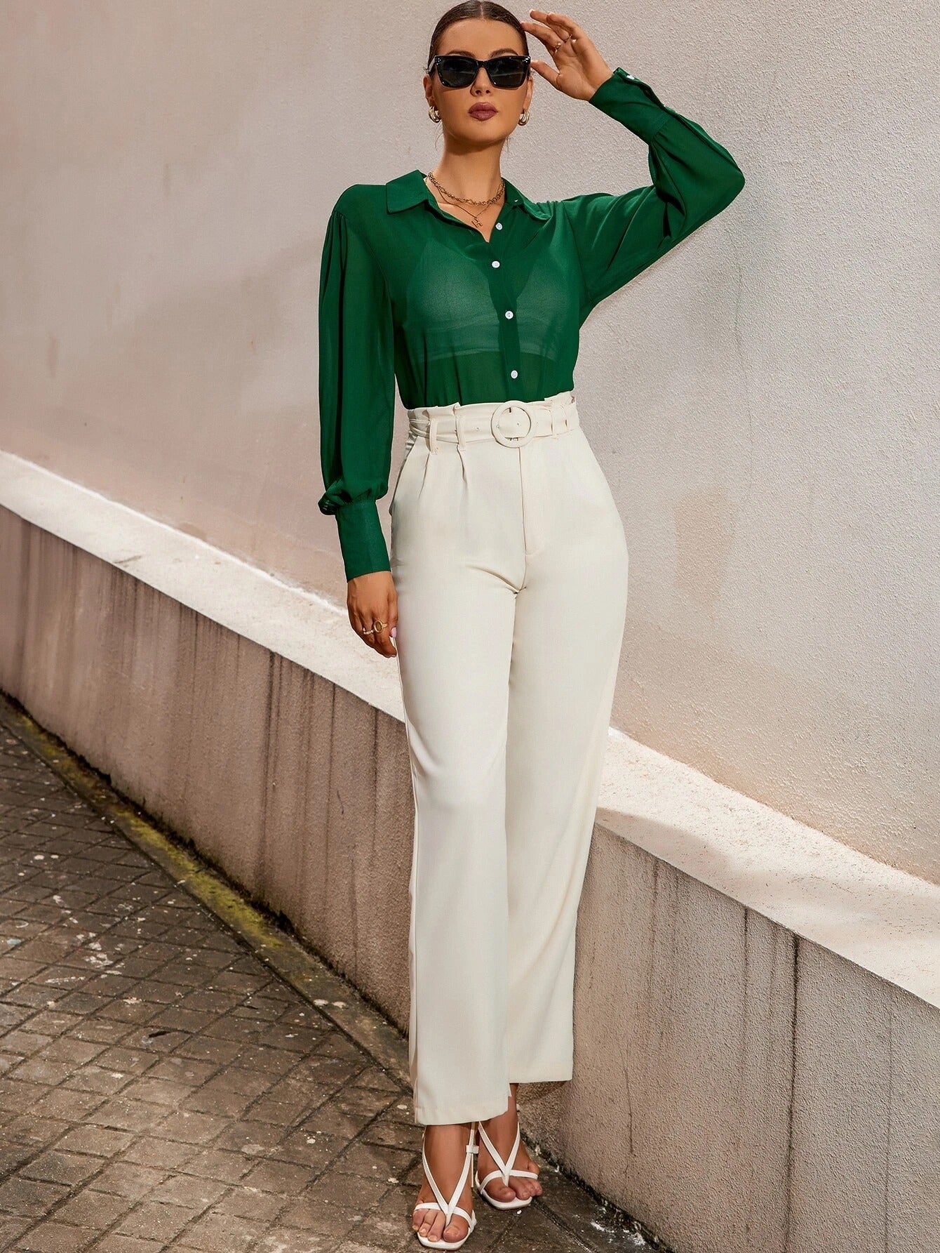 Solid Belted Straight Leg Pants (Beige)