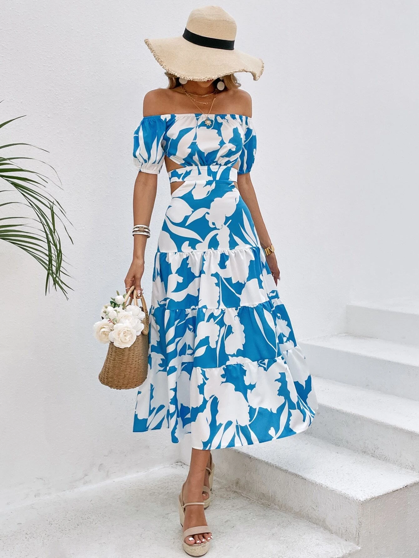 Floral Print Off Shoulder Cut Out Layered Hem Dress