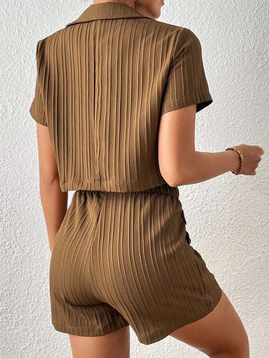 Solid Lapel Collar Button Front Crop Blouse & Shorts
