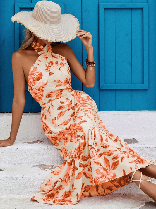 Floral Print Ruched Ruffle Hem Halter Dress