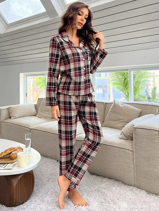 Plaid Print Pocket Patched Blouse & Pants PJ Set