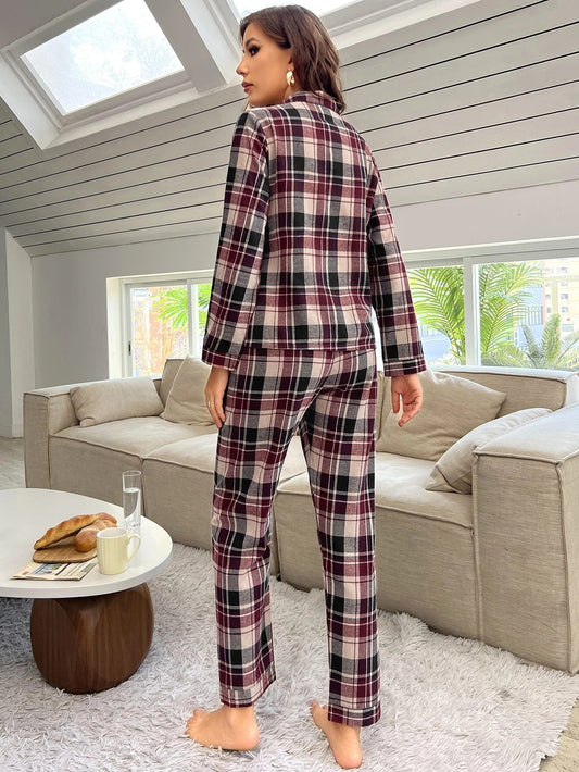 Plaid Print Pocket Patched Blouse & Pants PJ Set