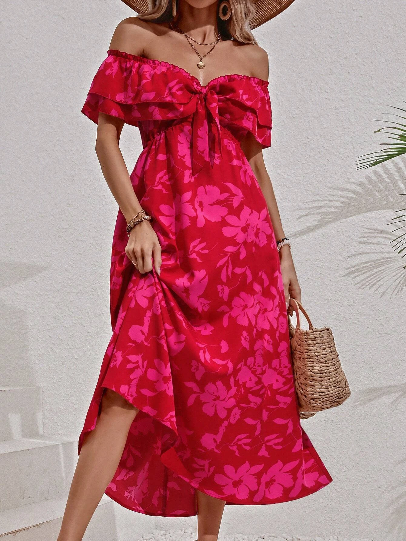 Floral Print Off Shoulder Knot Front Dress