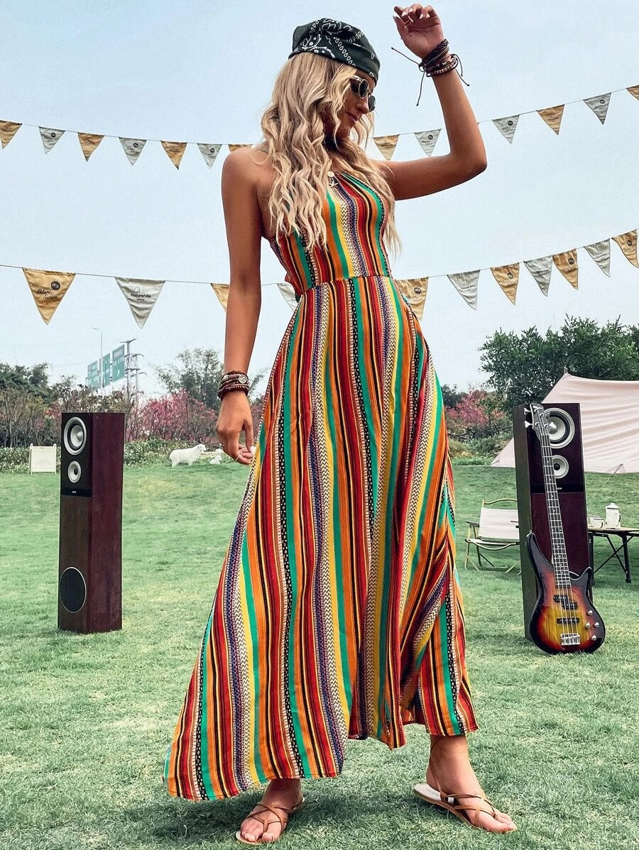 Colorful Striped Tie Back Cami Dress