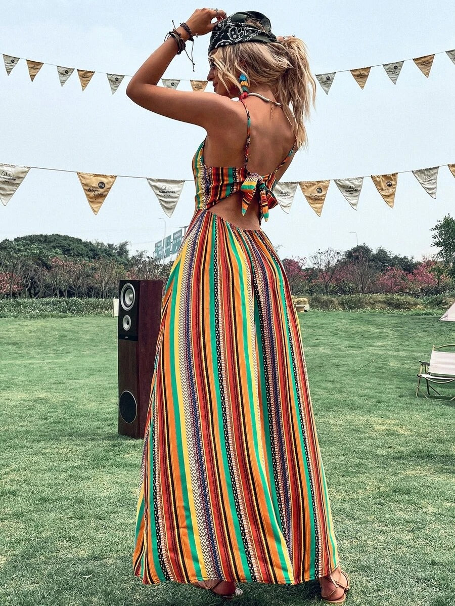 Colorful Striped Tie Back Cami Dress