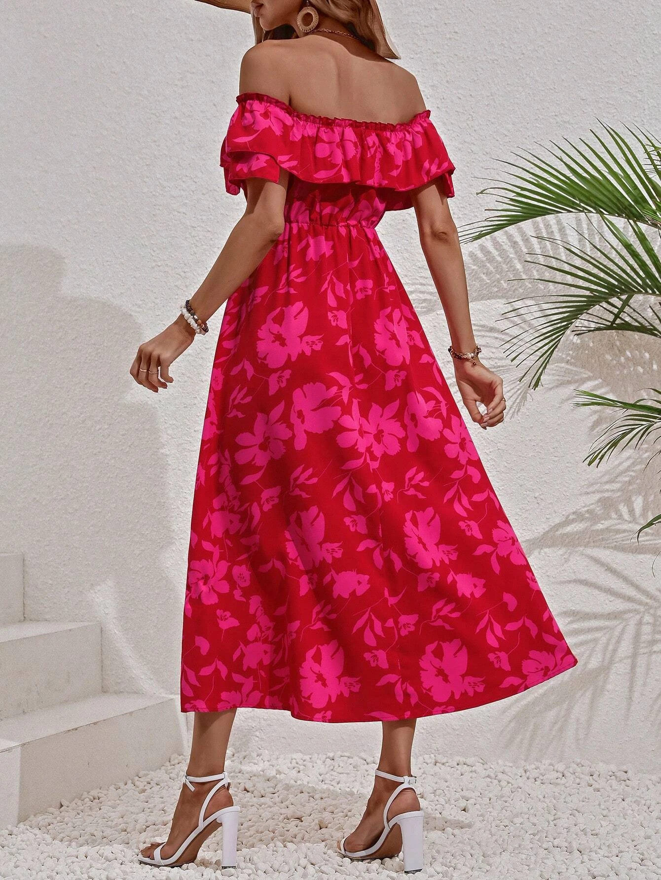 Floral Print Off Shoulder Knot Front Dress