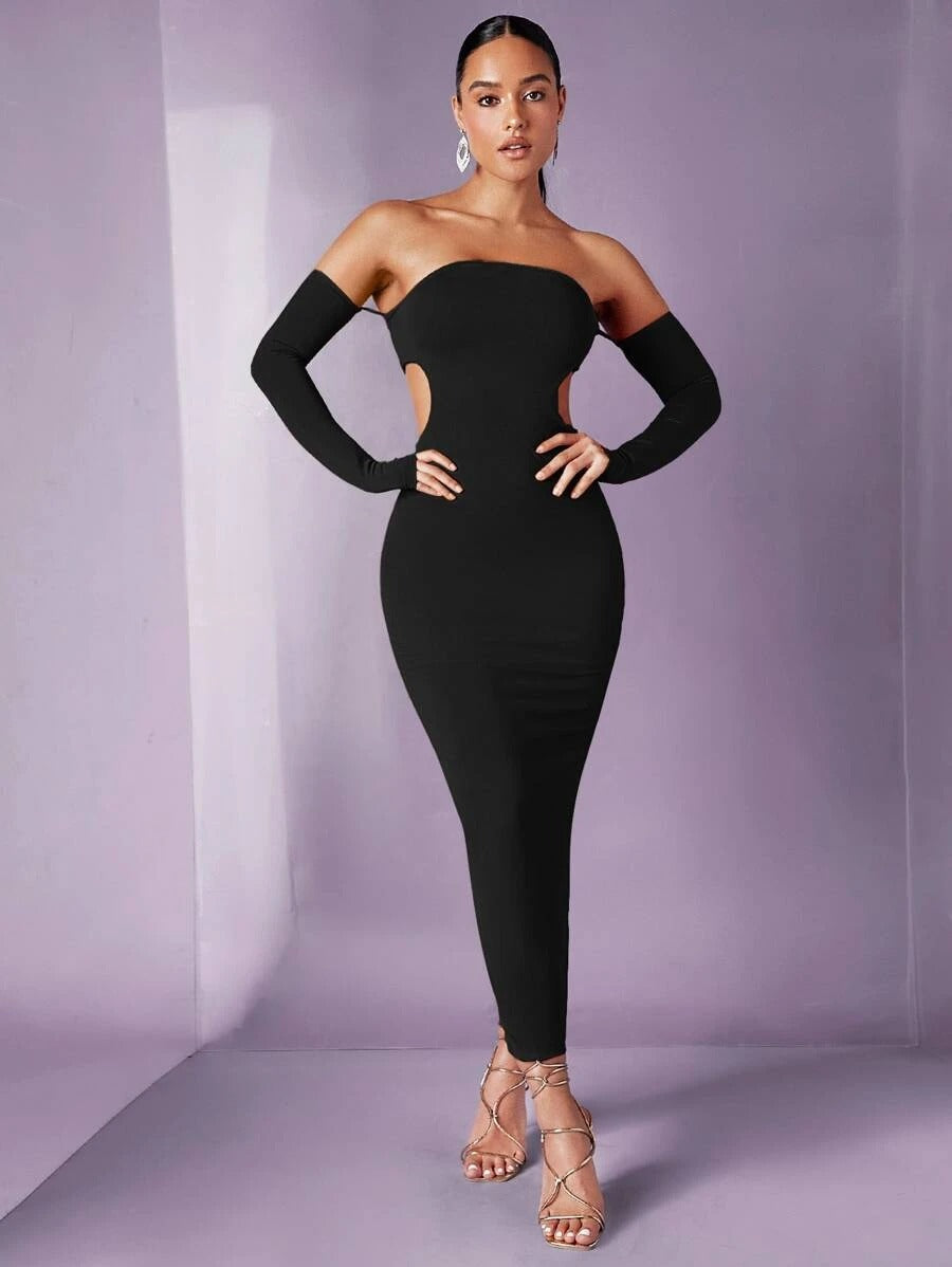 Off Shoulder Cut Out Waist Bodycon Dress