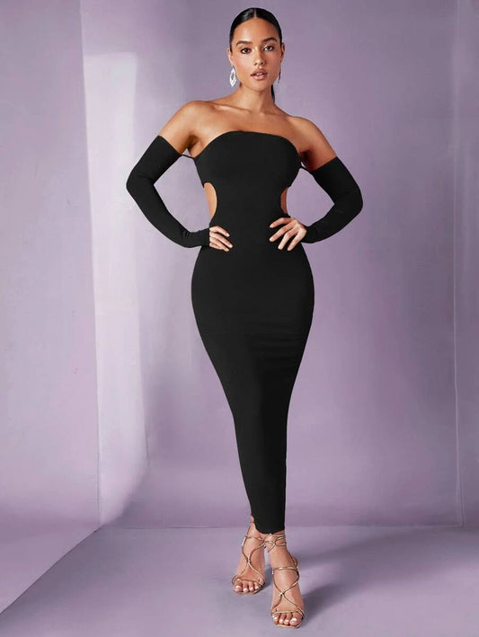 Off Shoulder Cut Out Waist Bodycon Dress