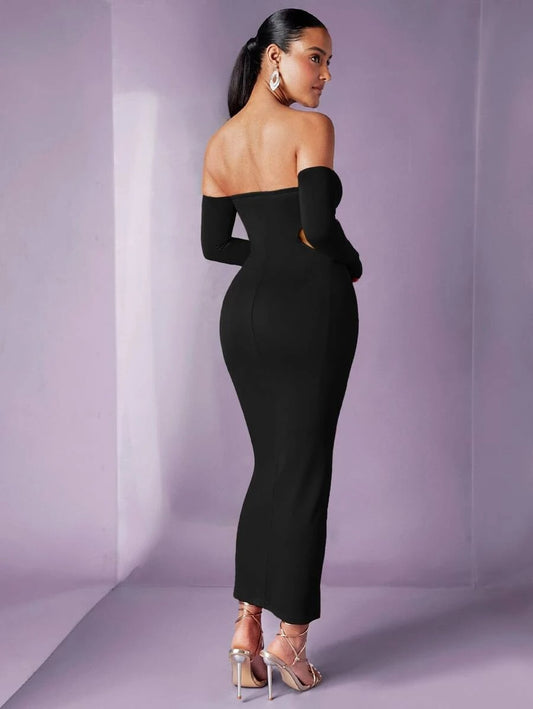 Off Shoulder Cut Out Waist Bodycon Dress