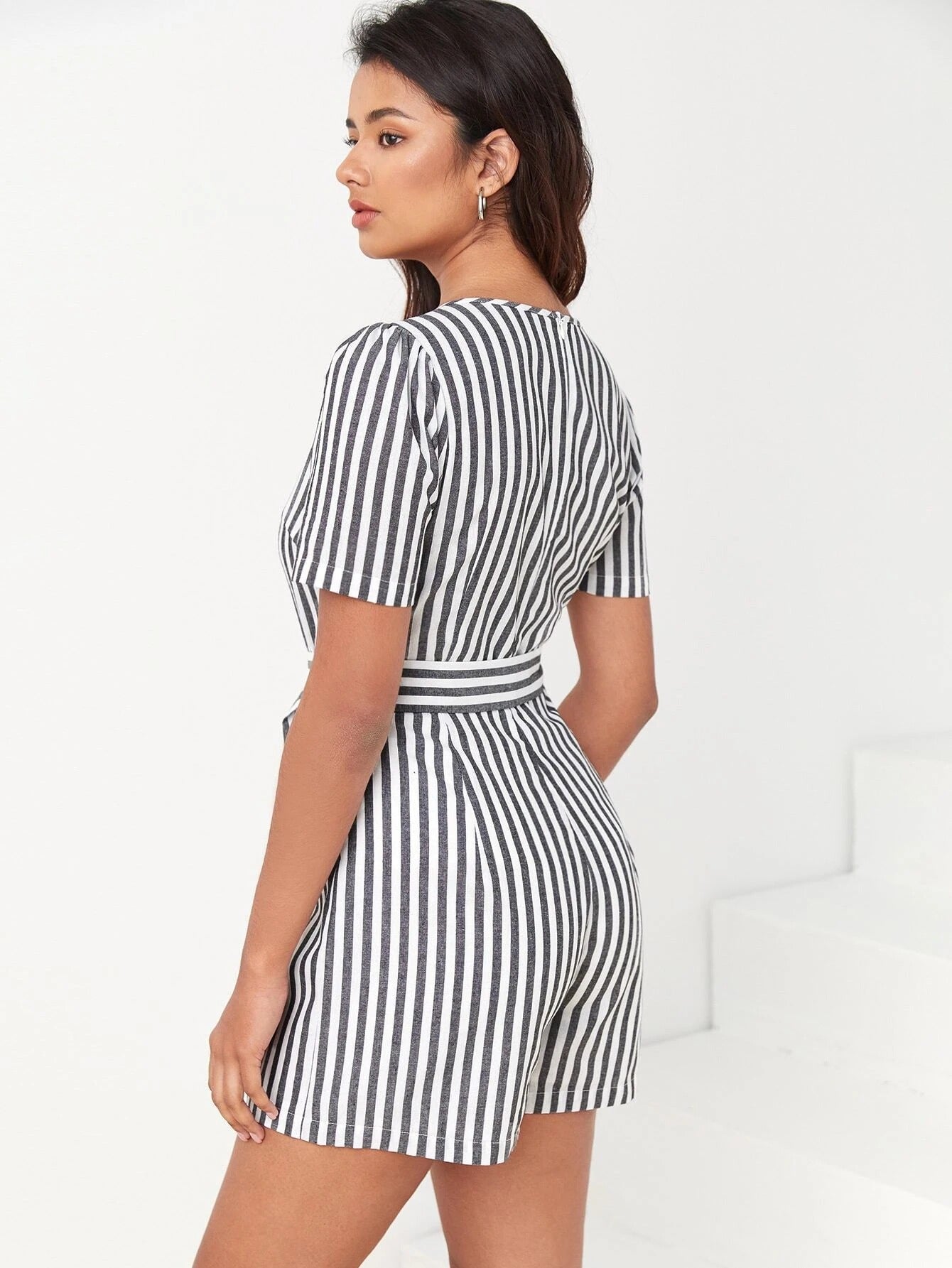 Striped Print Belted Romper