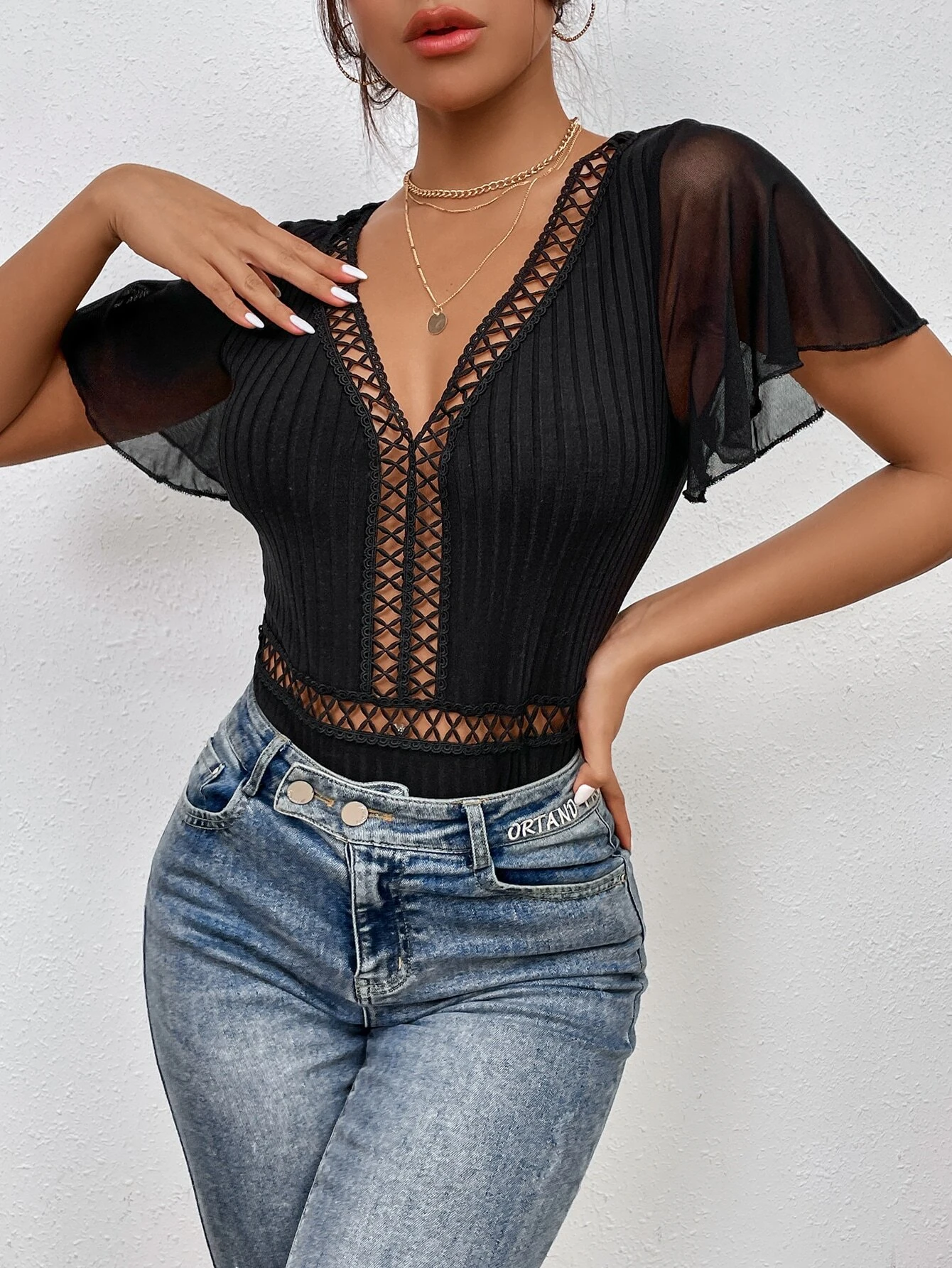 Lace Insert Contrast Mesh Flutter Sleeve Bodysuit