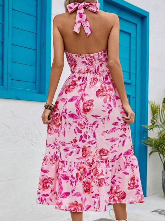 Floral Print Halter Neck Backless Ruffle Hem Dress