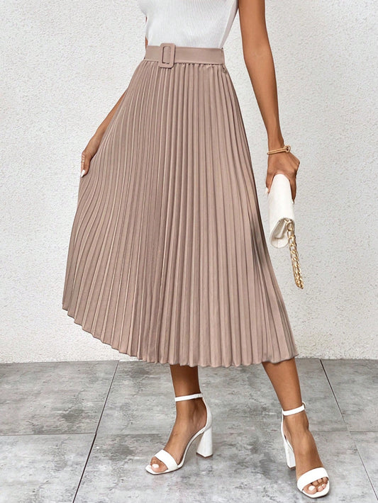Solid Belted Pleated Skirt