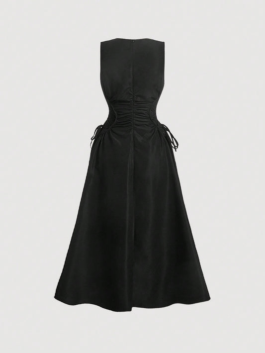Black Solid Ruched Detail Long Dress