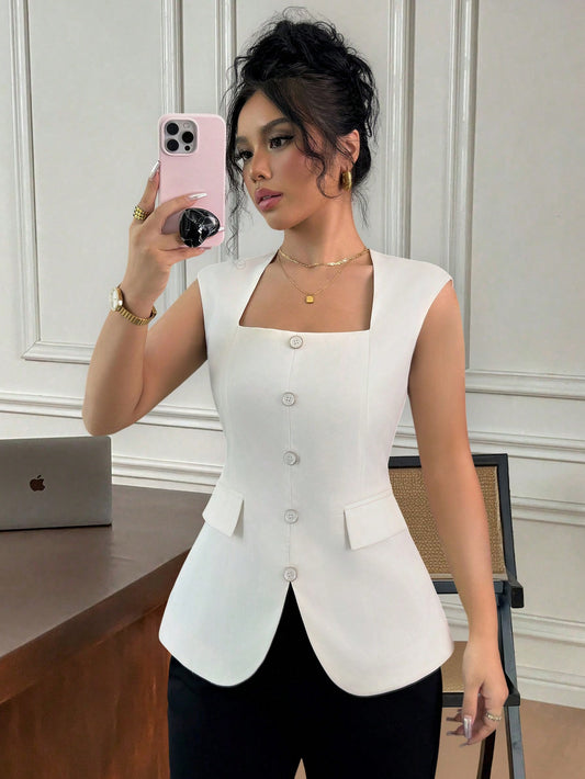 Off White Elegant Square Neck Sleeveless Racerback Crop Top