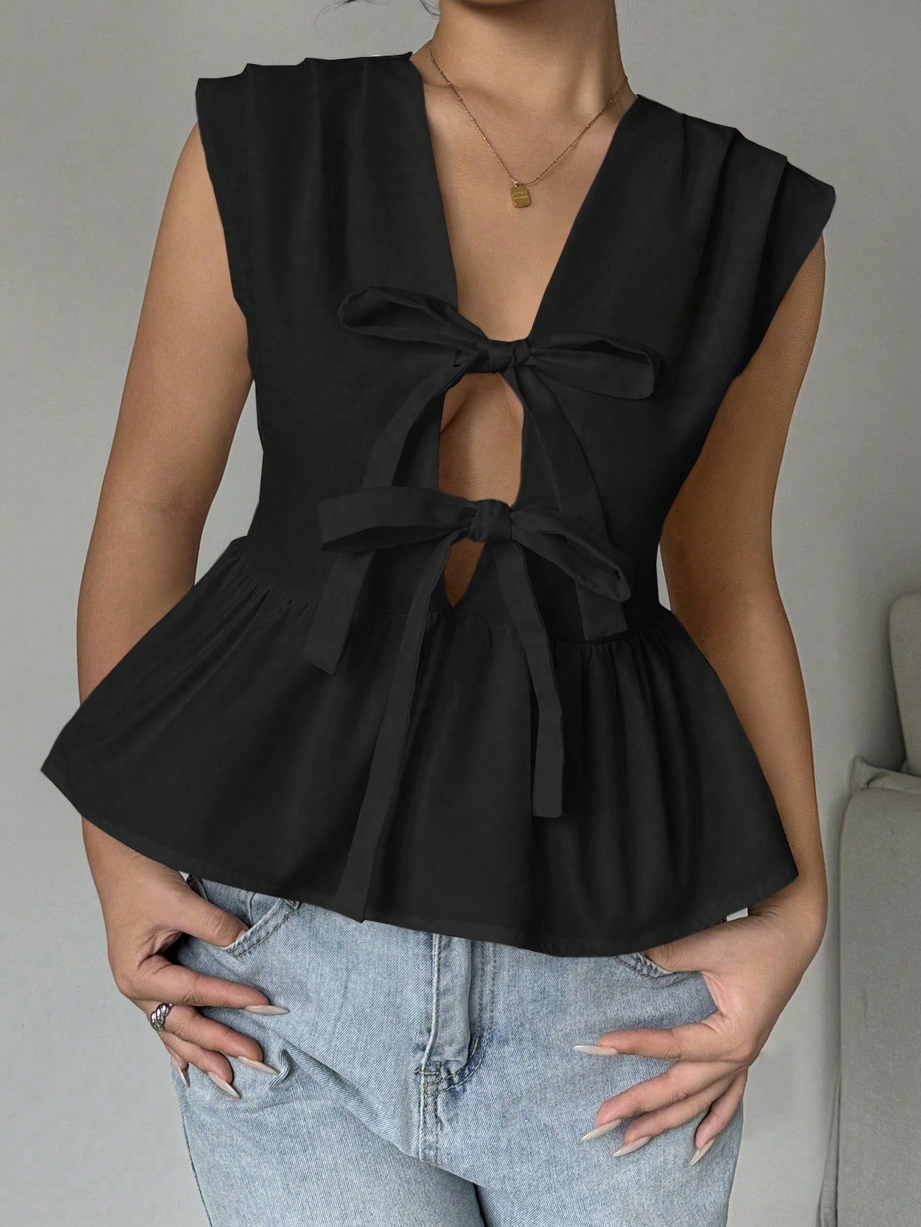 Elegant Solid Color Ruffle Hem Blouse