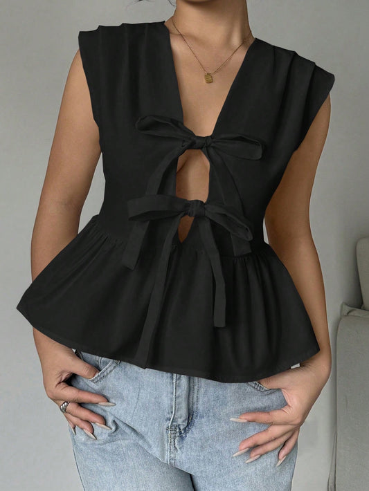 Elegant Solid Color Ruffle Hem Blouse