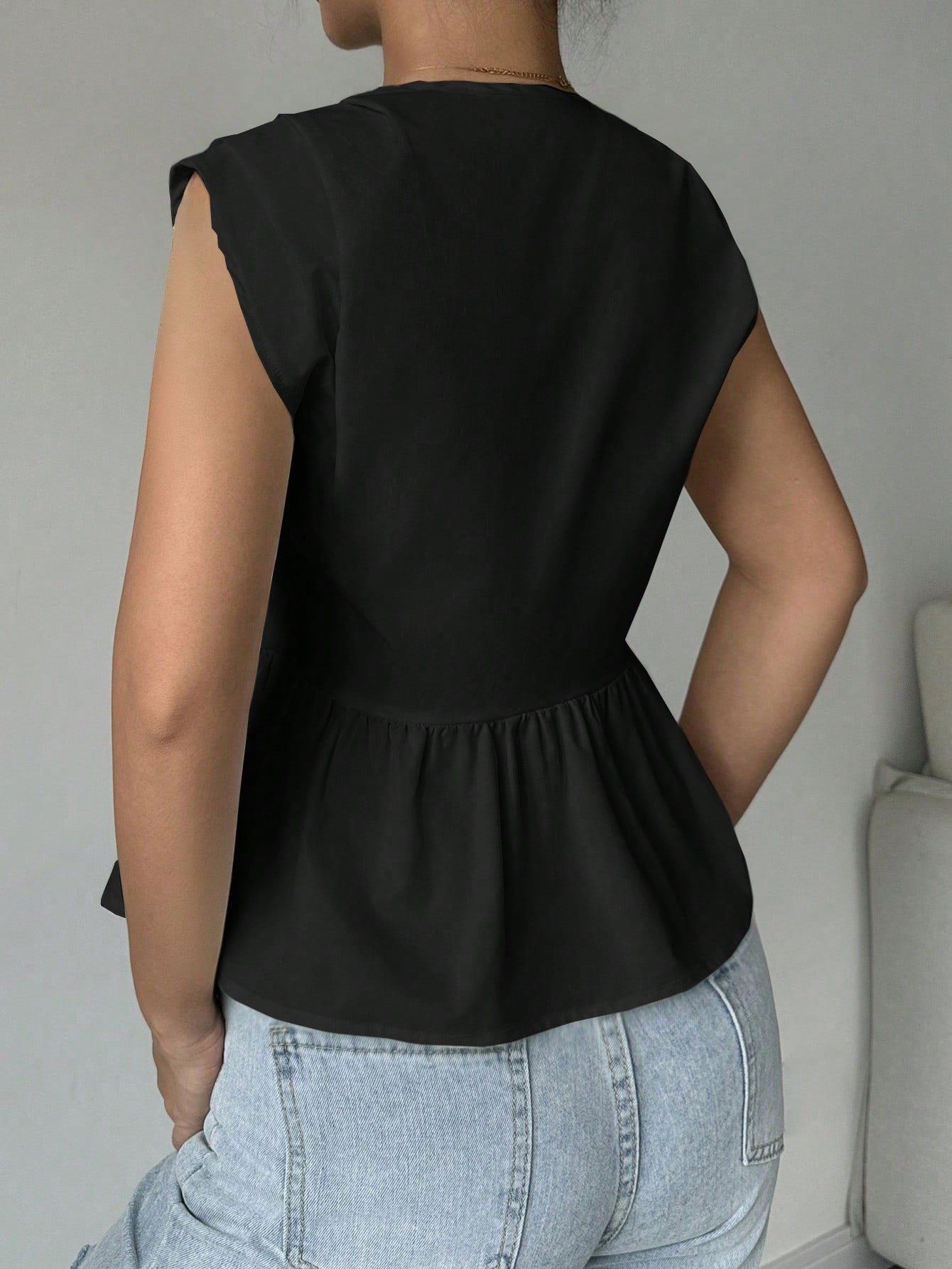 Elegant Solid Color Ruffle Hem Blouse