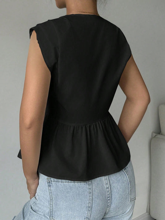 Elegant Solid Color Ruffle Hem Blouse