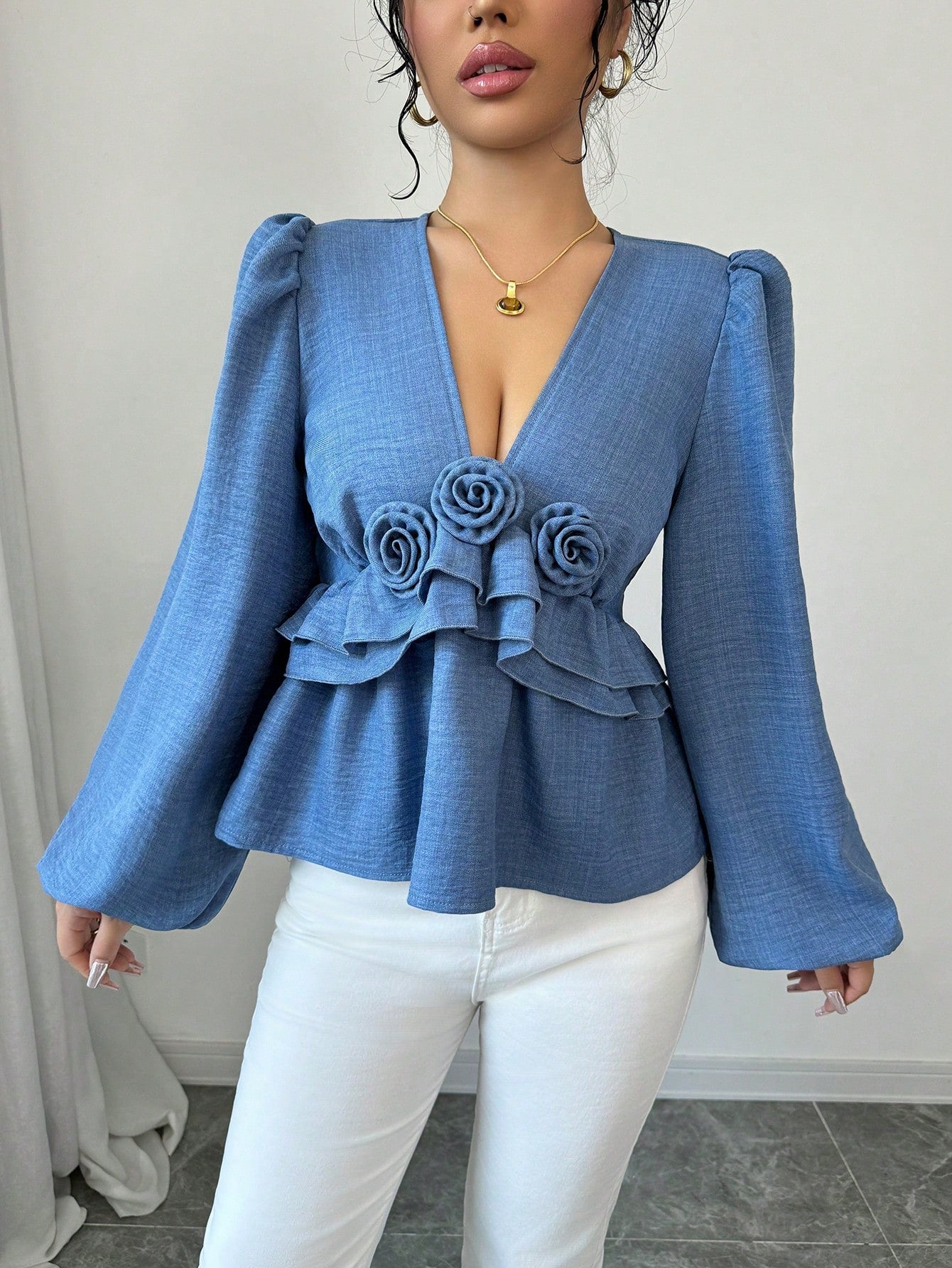 Floral Embellished V-Neck Ruffle Trim Long Sleeve Blouse