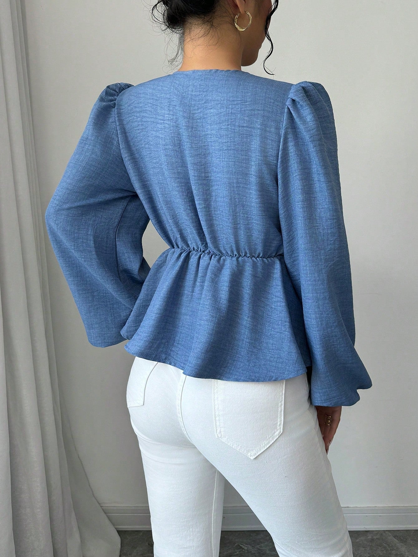 Floral Embellished V-Neck Ruffle Trim Long Sleeve Blouse