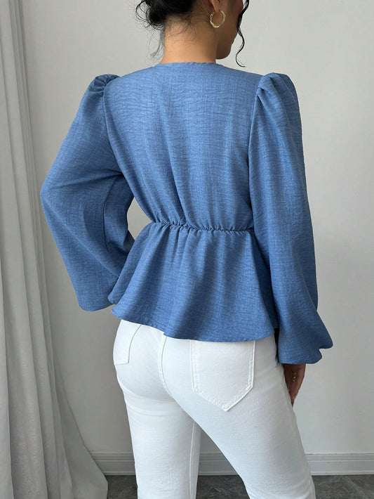 Floral Embellished V-Neck Ruffle Trim Long Sleeve Blouse