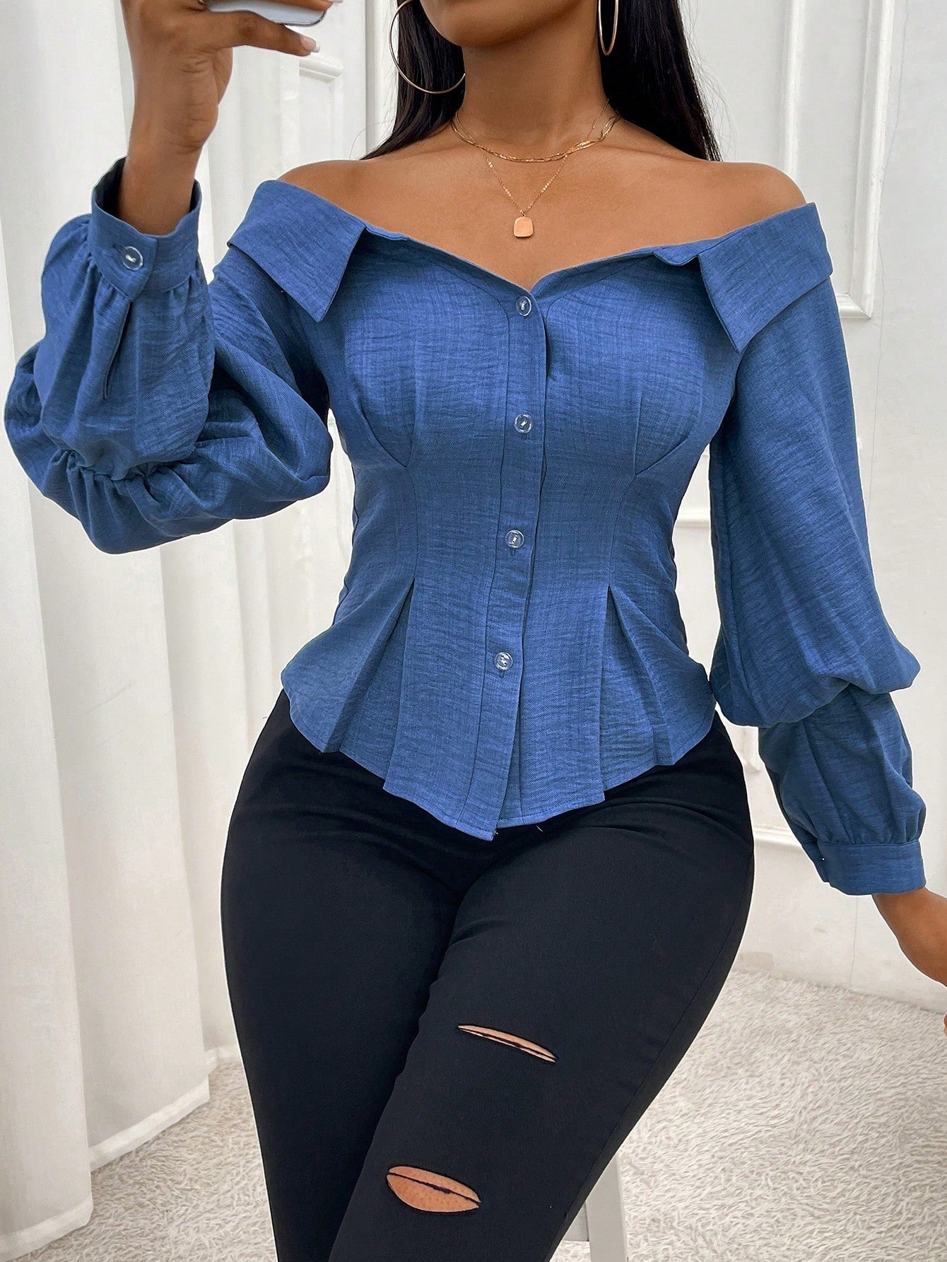 Denim-Like Off-Shoulder Long Sleeve Blouse – Glamexpresstt