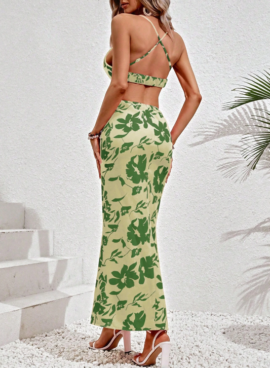 Floral Print Cut Out Waist Cami Dress