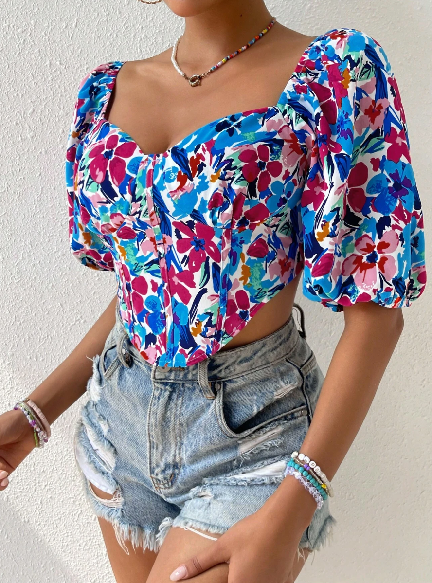 Sweetheart Neck Puff Sleeve Blouse