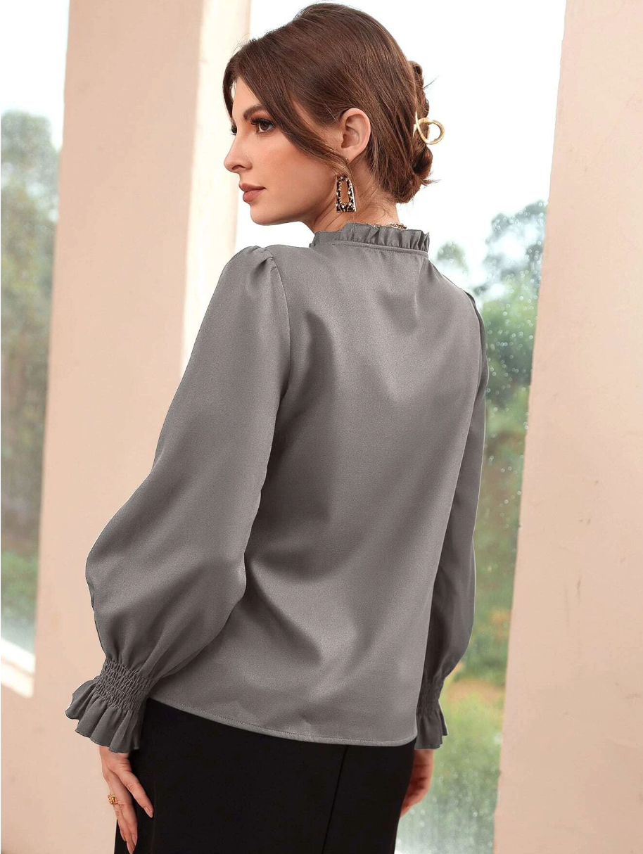 Flounce Sleeve Frilled Tie Neck Blouse