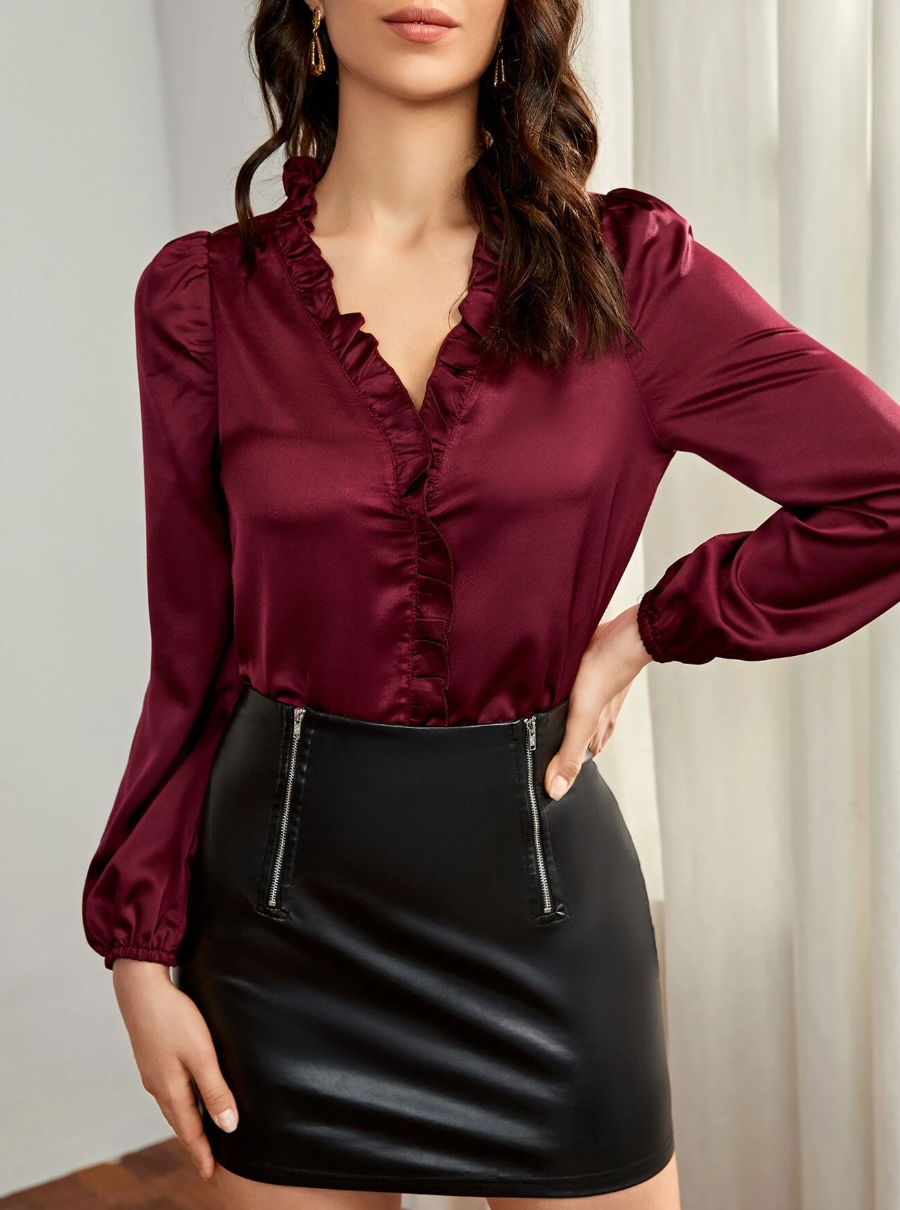 V Neck Ruffle Trim Satin Blouse
