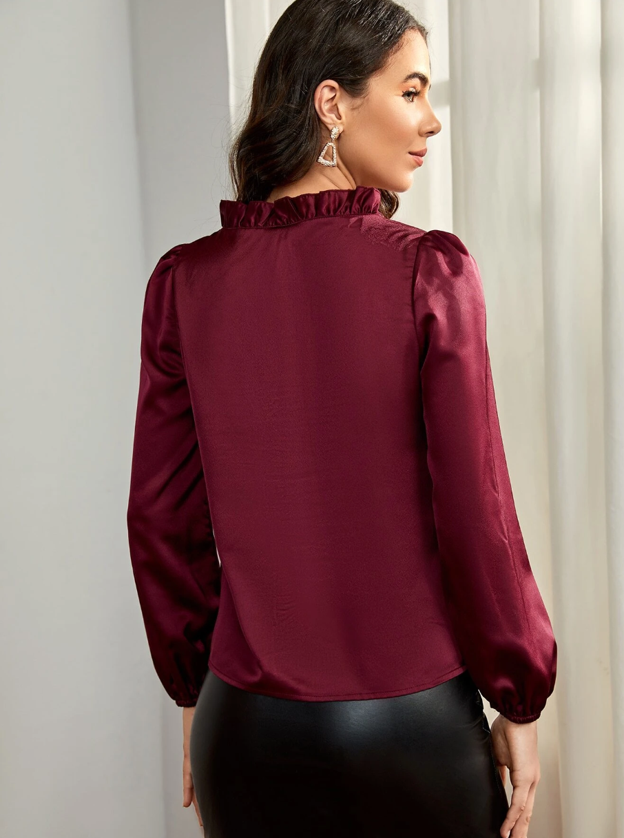 V Neck Ruffle Trim Satin Blouse