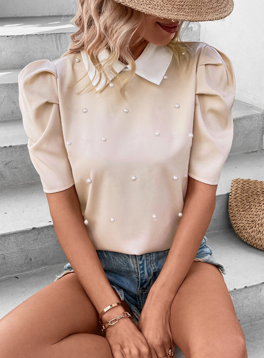 Pearls Beaded Puff Sleeve Blouse